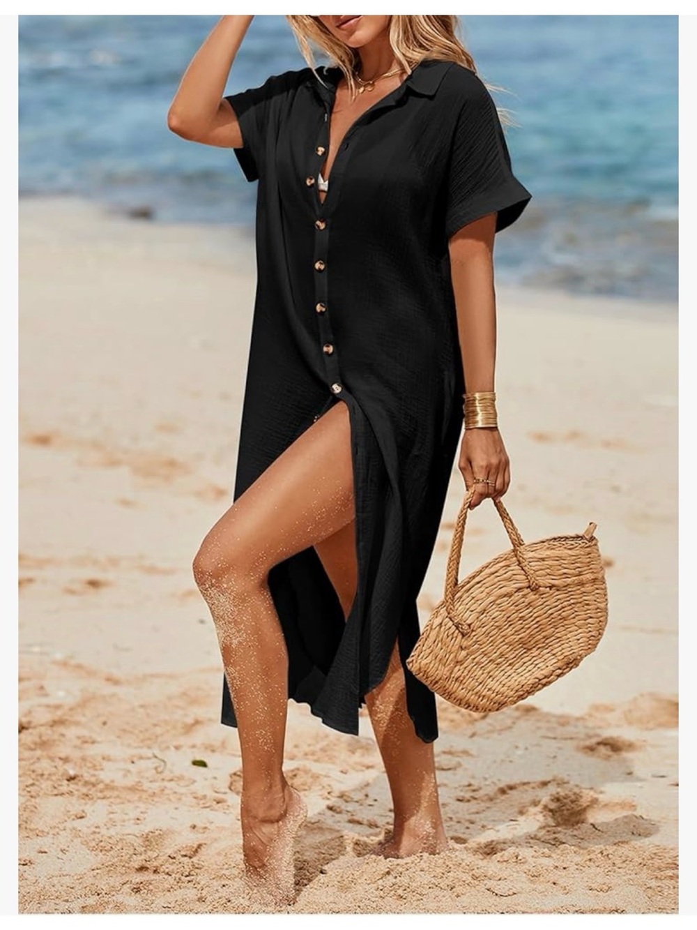 Split Button Down Long Kimonos Cardigans Swimsuit Cover Up Black S-M - Picture 2 of 8